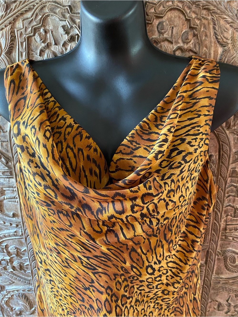 Animal Print Cowl Neck Slip Dress Gold and Black 100% Silk with polyester lining